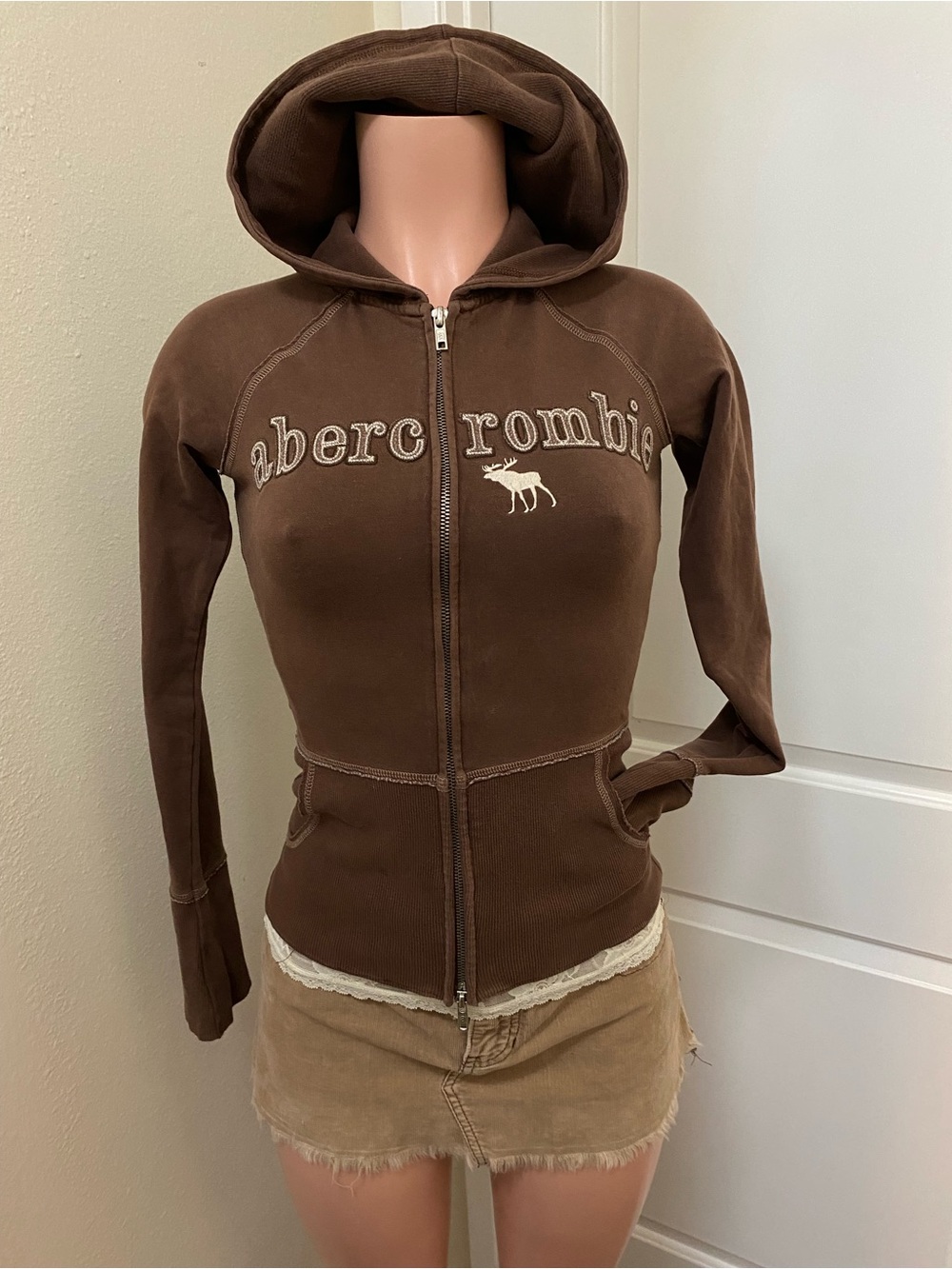 Y2k Vintage Abercrombie brown double zip up hooded sweater - Picture 10 of 16